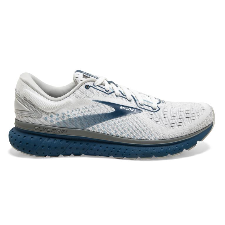 Brooks Glycerin 18 Men's Road Running Shoes - White/Grey/Poseidon (91570-JKYX)